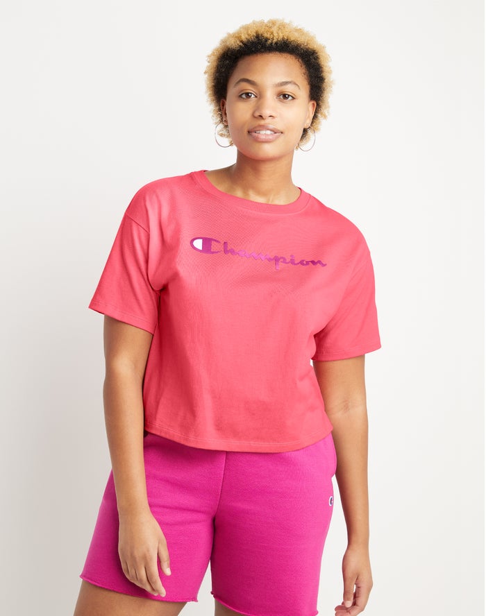 Camiseta Champion Mujer - Cropped Script Logo ( Coral ) 2756083-BS